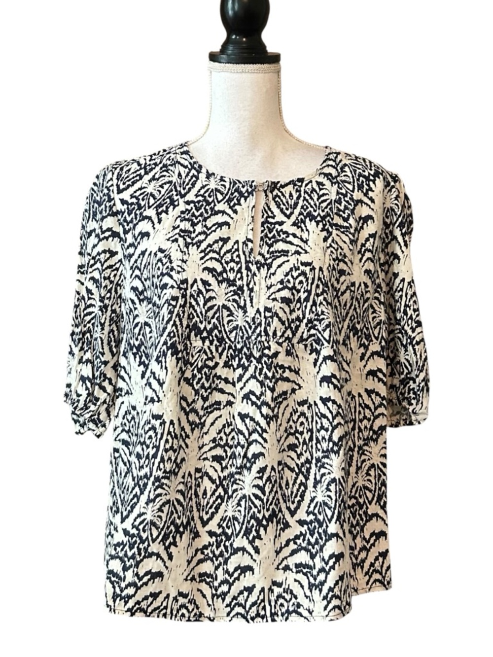 NWT Panama Jack Linen Blend Puff Sleeve Palm Tree Print Top SZ L‎ Navy & White